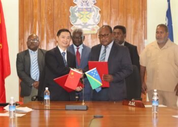 The People's Republic of China and Solomon Islands solidify cooperation through the signing of Exchange of Notes for the Auki road tar sealing project.