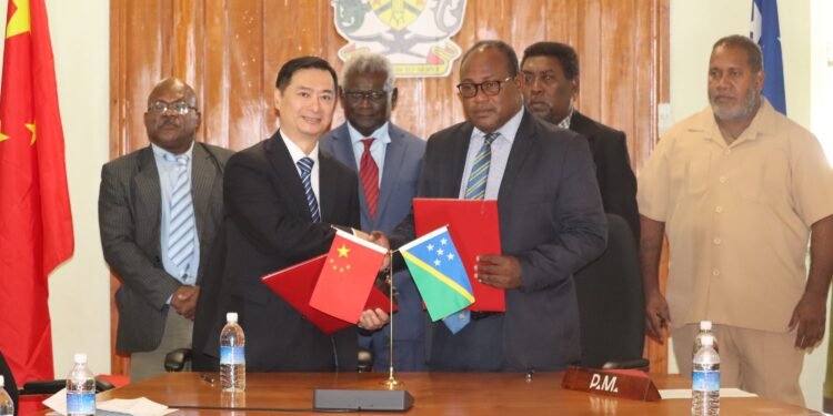 The People's Republic of China and Solomon Islands solidify cooperation through the signing of Exchange of Notes for the Auki road tar sealing project.