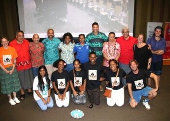 The 3rd Pacific Human Rights Film Festival opened with a screening of ‘Oceans Apart’ on 4 November, focussing on sport and human rights. From left (back row): Dr. Milla Vaha, Senior Lecturer at the University of the South Pacific (USP); Dr Giulio Paunga –USP’s Deputy Vice-Chancellor; Miles Young – Director, SPC HRSD; Randal Kamea - Fijian rugby player and publisher of Teivovo Magazine; Mere Moto - former Fijiana 15s player and Strength & Conditioning Coach; Eleina McDonald - former Fijiana 15s and 7s player, Operations & Events Manager at Fijian Drua; Dan Leo - former Samoan rugby player, founder Pacific Rugby Players Welfare; Samoa High Commissioner to Fiji, H.E. Aliioaiga Feturi Elisaia; Dr Paula Vivili – SPC Deputy Director-General Science and Capability; New Zealand High Commissioner to Fiji, H.E Charlotte Darlow; Giulio Panettiere, visiting anthropology student. From left (front row): Volunteers Shivaali Shrutika, Adi Laisa Sebualala, Siteri Rokotubuanakoro, Rariqi Turner, Maria Veranaisi and Film Festival Director Ben Wheeler.