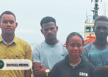 (L-R) Winston Sutu, John Lema, Rowena Andresen and Solomon Maesala for being the first Solomon Islanders to be awarded a Maritime Cadetship scholarship with Melanesian marine services company, Pacific Towing.