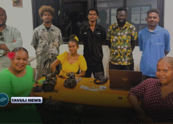 (Standing L-R) Jeremy Gwao (Senior Journalist), Damien Loe (News Intern), George Noda (Camera Operator), Stephen Kamoa (News Intern), Bradford Noda (Visual Editor) (Sitting L-R) Lisa Osifelo (Managing Director), Margret Nuake (News Intern), Emma Komasi-Martin (Sports Contributor)