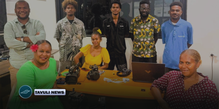 (Standing L-R) Jeremy Gwao (Senior Journalist), Damien Loe (News Intern), George Noda (Camera Operator), Stephen Kamoa (News Intern), Bradford Noda (Visual Editor) (Sitting L-R) Lisa Osifelo (Managing Director), Margret Nuake (News Intern), Emma Komasi-Martin (Sports Contributor)