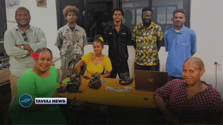 (Standing L-R) Jeremy Gwao (Senior Journalist), Damien Loe (News Intern), George Noda (Camera Operator), Stephen Kamoa (News Intern), Bradford Noda (Visual Editor) (Sitting L-R) Lisa Osifelo (Managing Director), Margret Nuake (News Intern), Emma Komasi-Martin (Sports Contributor)
