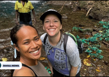 Tourism-Solomons-Eldona-Lokay-on-left-and-Lonely-Planet-writer-Jessica-Lockhart-visiting-Myles-Falls-on-Kolombangara-1200x480