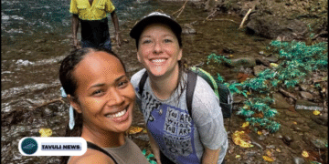 Tourism-Solomons-Eldona-Lokay-on-left-and-Lonely-Planet-writer-Jessica-Lockhart-visiting-Myles-Falls-on-Kolombangara-1200x480