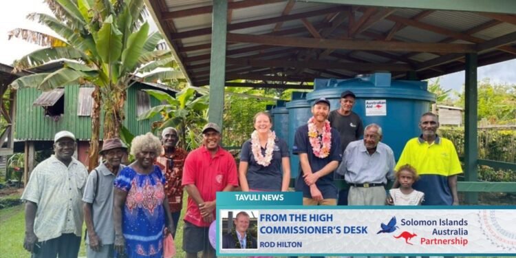 Community Partnerships Program: Secondary Secretary Freya Bliss and First Secretary Tasman Bain handover Cheara Community Water Tank Projects in Marovo, Western Province, 2023.