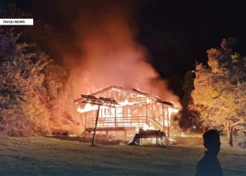 The New Tenabuti Health Clinic during a fire on the night of 26 December 2025. Photo: Ray Seleso/Facebook