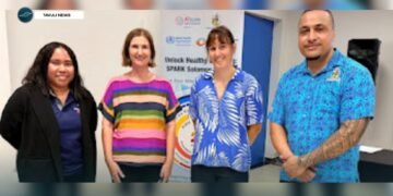 In attendance during the launch were (from left): Senior Health Advisor for the Australian High Commission Ms Zina Fefera, WHO Regional Office for the Western Pacific Rehabilitation and Assistive Technology Consultant Ms Pauline Kleinitz, The Fred Hollows Foundation Pacific & Timor-Leste Country Manager, Sara Webster, and The Fred Hollows Foundation NZ Senior Administrative Manager, Kaitu A. Aisake. Photo: WHO/Ruel Serrano