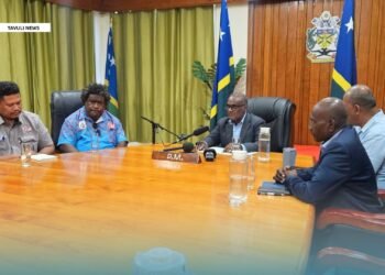 PM Manele supported by NDC Chairman and NDMO Director, Secretary to Cabinet and Secretary to Prime Minister