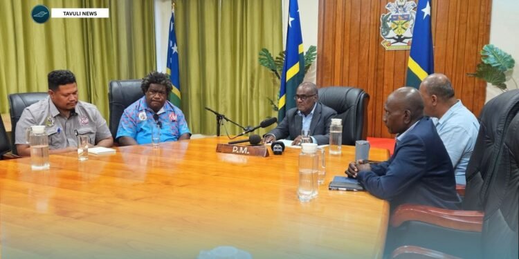 PM Manele supported by NDC Chairman and NDMO Director, Secretary to Cabinet and Secretary to Prime Minister