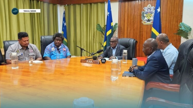 PM Manele supported by NDC Chairman and NDMO Director, Secretary to Cabinet and Secretary to Prime Minister
