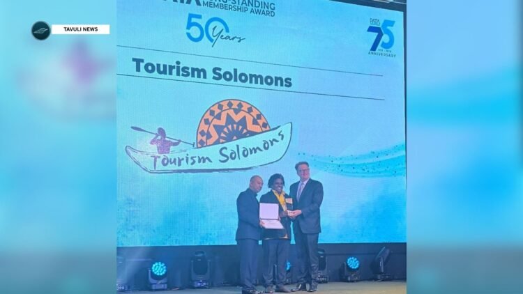 Tourism Solomons Acting CEO Dagnal Dereveke - centre is pictured receiving the award from on left) PATA CEO Noor Ahmad Hamid and on right PATA Chair Peter Semone. 