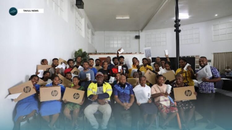 Derrick Manu’ari, together with Smart Technology Managing Director Rolex Sitana, seated in the front row, centre, along with constituency officers and student recipients during the handover last Thursday.