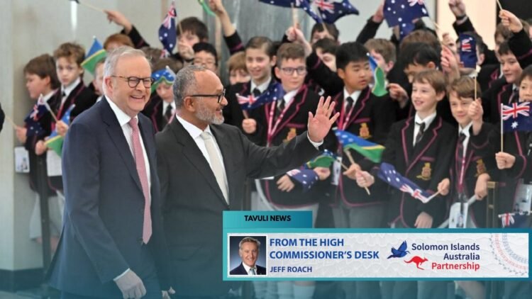 Australian Prime Minister Anthony Albanese and Solomon Islands Prime Minister Matthew Wale greeting school children at the Australian Parliament House.