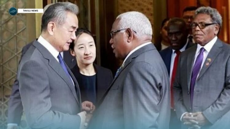 Minister of Foreign Affairs and External Trade, Hon. Rick Houenipwela with the Member of the Political Bureau of the Communist Party of China (CPC) Central Committee and Minister of Foreign Affairs of the People's Republic of China, Wang Yi.