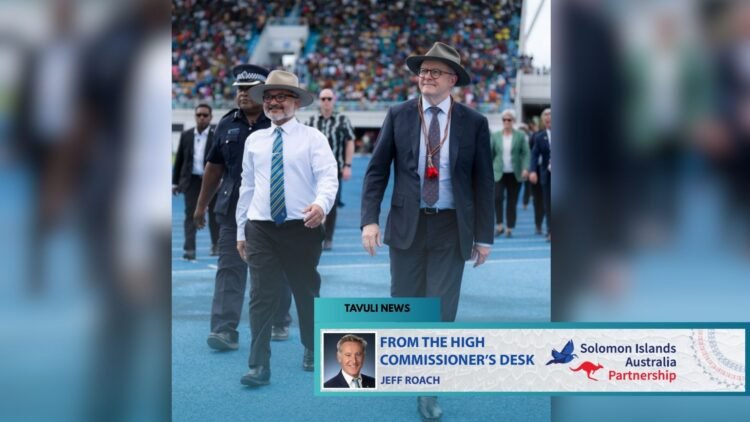 Prime Ministers Wale and Albanese at the 48 th Independence Day
celebrations at the National Stadium, Honiara, on 7 July 2026.