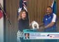 AHC First Secretary Public Sector Governance, Eliza Woolcook presents a commemorative gift, highlighting the strong partnership between Australia and Solomon Islands.