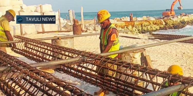Ahanga Wharf construction workers carrying out piling works on Bellona Island