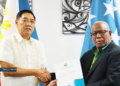 Foreign Affairs Minister Rick Houenipwela (right) congratulates Johnny Sy following his appointment as the Philippines' honorary consul to Solomon Islands. Photo: MFAET